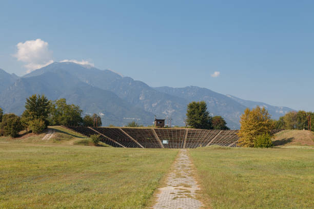 DION, GREECE - SEPTEMBER, 15, 2018: Ancient theater and columns in Dion, Greece stock photo