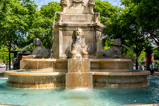 Paris, France - May 2019: Chatelet fountain in Paris