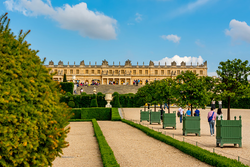 Paris, France - May 2019: Versailles palace and gardens outside Paris
