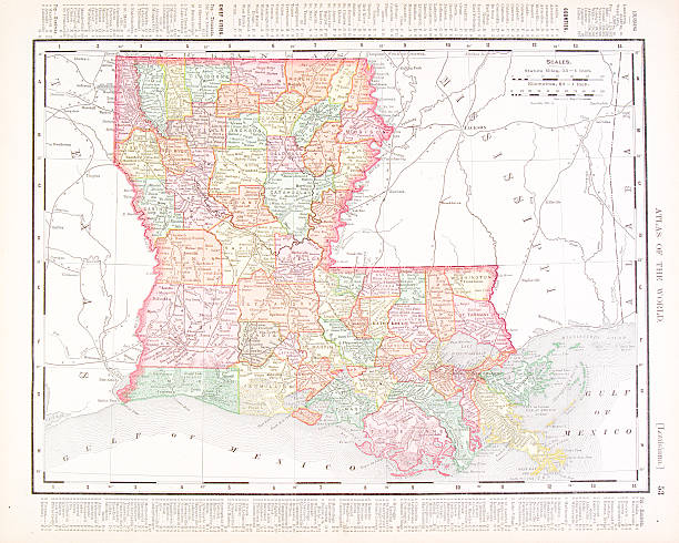 Antique Vintage Color Map of Louisiana, USA stock photo