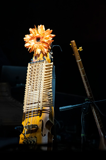 A nyckelharpa guitar on stage with lighting. During the frenetic rustle of pre-show sound checks, this nyckelharpa patiently wait for their moment in the spotlight. This image has a great space for copy text