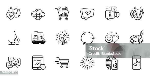 istock Outline set of Engineering, Internet report and Smile line icons for web application. For design. Vector 1470005120