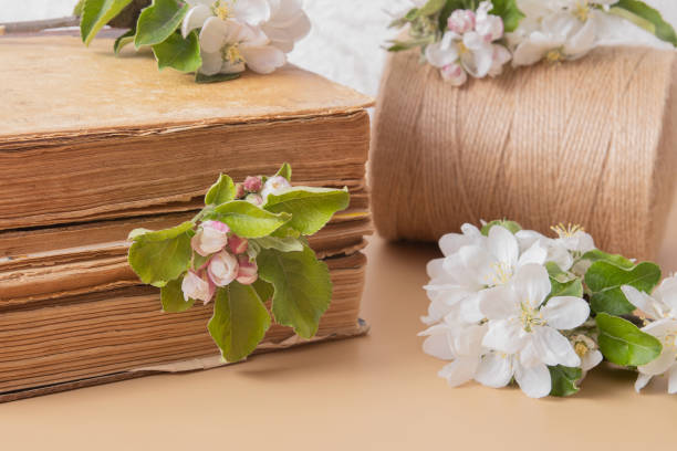 Blossom apple twigs with vintage books. Spring still life composition