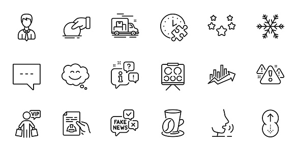 Outline set of Stars, Donate and Air conditioning line icons for web application. Talk, information, delivery truck outline icon. Include Blog, Fake news, Puzzle time icons. Vector