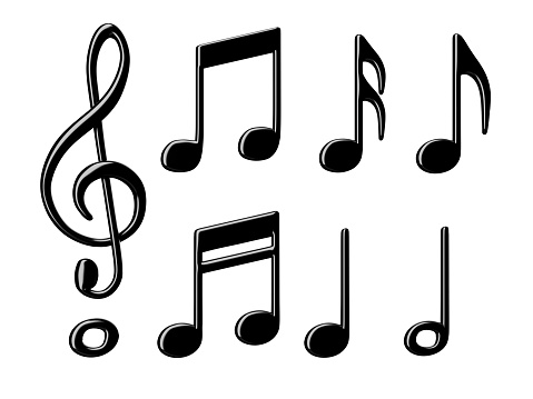 Set of glossy black music notes on white background 3D render illustration with clipping path.