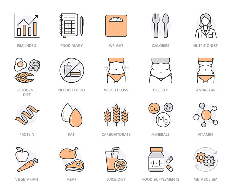 Nutritionist flat line icon set. Diet food, nutrition icons - protein, fat, carbohydrate, fit body vector illustrations. Outline pictogram for overweight treatment. Orange color. Editable Stroke.
