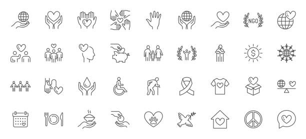 Charity line icons set. NGO fund, nonprofit foundation, elderly care, volunteer, blood donor, food donation, social help vector illustration. Outline signs about humanitarian aid. Editable Stroke Charity line icons set. NGO fund, nonprofit foundation, elderly care, volunteer, blood donor, food donation, social help vector illustration. Outline signs about humanitarian aid. Editable Stroke. children holding hands icon stock illustrations