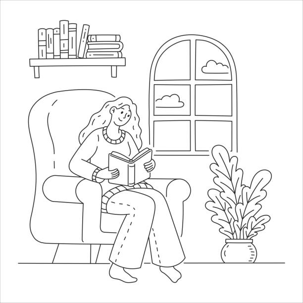 dziewczyna czytająca ilustrację doodle książki, w tym młoda kobieta siedząca w wygodnym fotelu obok roślin. ręcznie rysowana urocza linia o hobby. cienki rysunek liniowy do kolorowania. edytowalny obrys - white background relaxation black flower stock illustrations