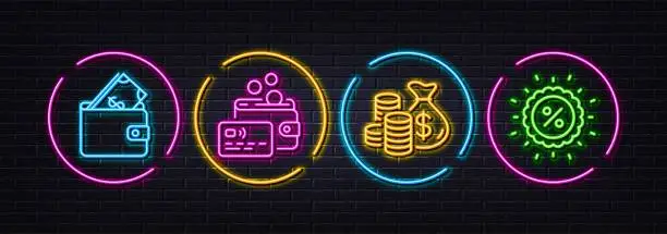 Vector illustration of Wallet, Card and Coins bag minimal line icons. For web application, printing. Neon laser 3d lights. Vector
