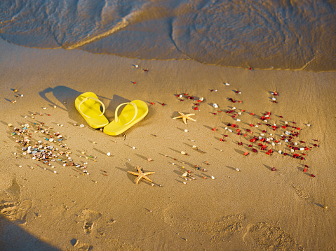 Yellow beach slippers standing on the beach.