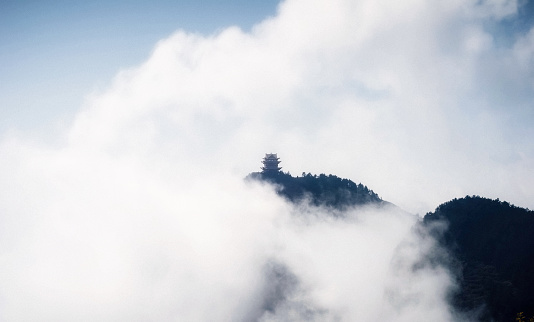 Shrouded in mist and cloud, one of the mountain-top temples at Emei Shan in China's Sichuan Province.