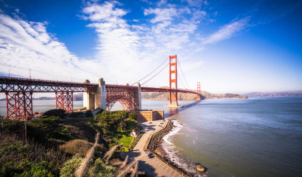 Golden Gate Bridge Panorama A view across the iconic Golden Gate Bridge near to San Francisco in California. san francisco bay stock pictures, royalty-free photos & images