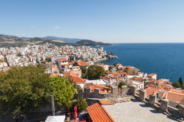 Aerial panoramic view of Greek resort Kavala, big port with old fortress and old town stock photo