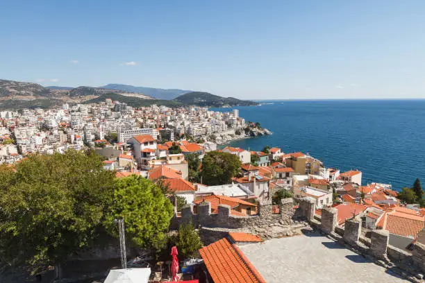 Photo of Aerial panoramic view of Greek resort Kavala, big port with old fortress and old town