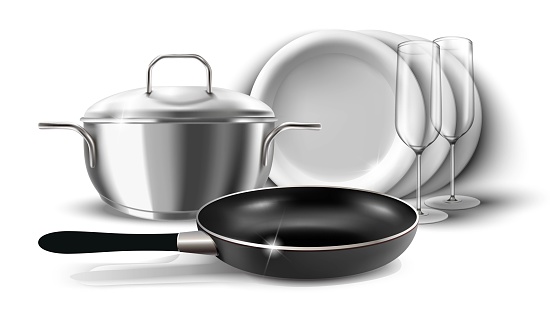3d realistic vector icon illustration of kitchen dishes, pan and pot with a cover. Isolated on white background.