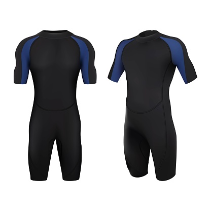 3d realistic vector dive costume in black and blue. Swim suit for man. Isolated of white background.