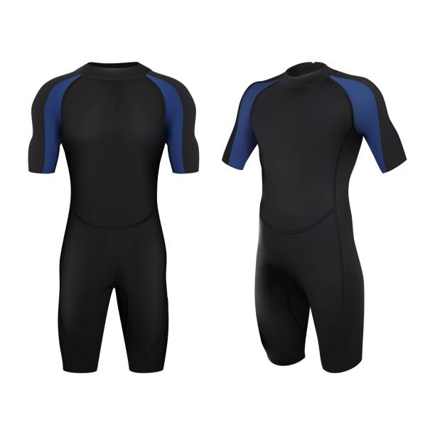 realistic vector dive costume in black and blue. Swim suit for man. Isolated of white background. 3d realistic vector dive costume in black and blue. Swim suit for man. Isolated of white background. wetsuit stock illustrations