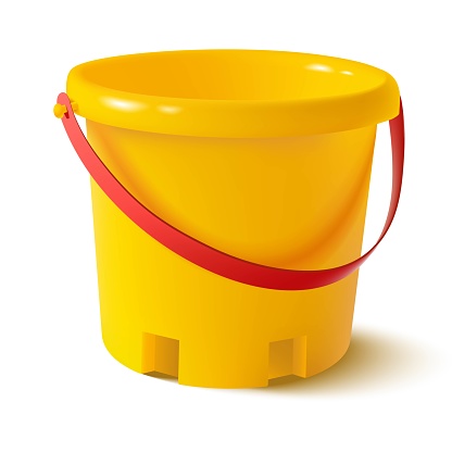 3d realistic vector yellow kids bucket for sand play on the sea. Isolated on white background illustration icon.