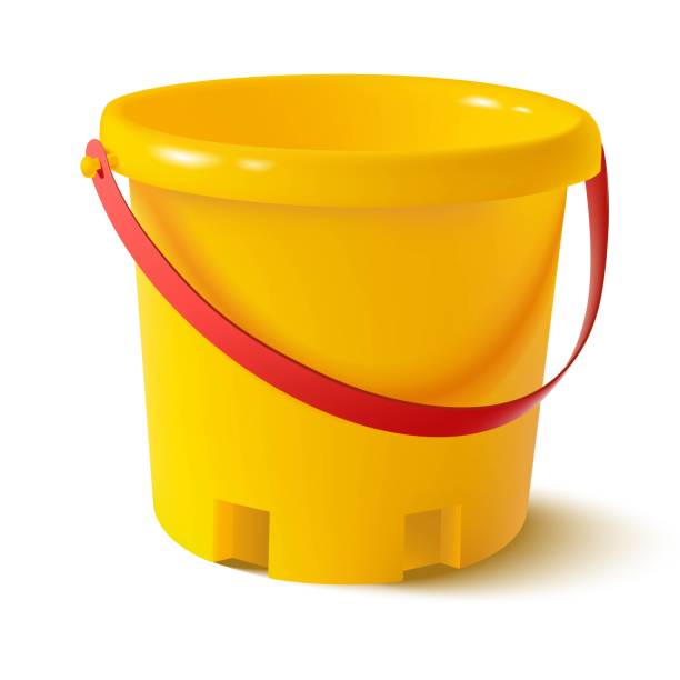 realistic vector yellow kids bucket for sand play on the sea. Isolated on white background illustration icon. 3d realistic vector yellow kids bucket for sand play on the sea. Isolated on white background illustration icon. sand pail and shovel stock illustrations