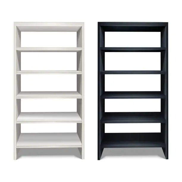 Vector illustration of realistic vector shelf stand in black and white color. Isolated on white background.
