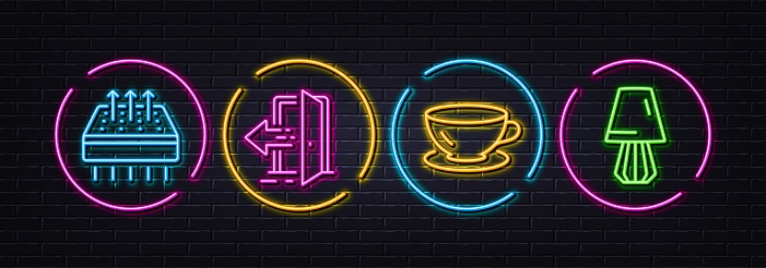Entrance, Breathable mattress and Espresso minimal line icons. Neon laser 3d lights. Table lamp icons. For web, application, printing. Open door, Sleeping pad, Coffee cup. Bedside lamp. Vector