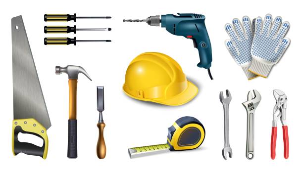 istock realistic vector icon illustration of worker utensils. Isolated on white background. Instruments, meter, screwier, drill, 1470014260