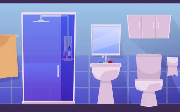 Vector illustration of Bathroom interior with shower cabin, toilet, washbasin and mirror - flat vector illustration.