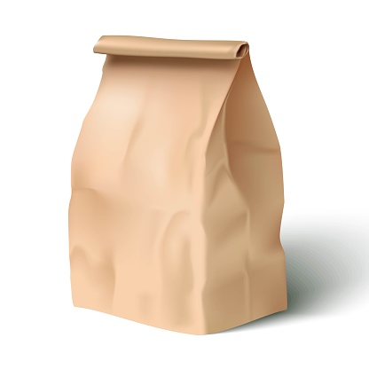 3d realistic vector icon illustration of paper lunch bag. Isolated on white background.