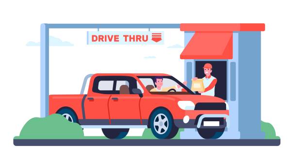 istock Drive thru fast food restaurant. Employee selling snacks to client in car. Worker serving customer or driver. Takeaway lunch. Automobile retail shop. Auto cafe service. Vector concept 1470014548