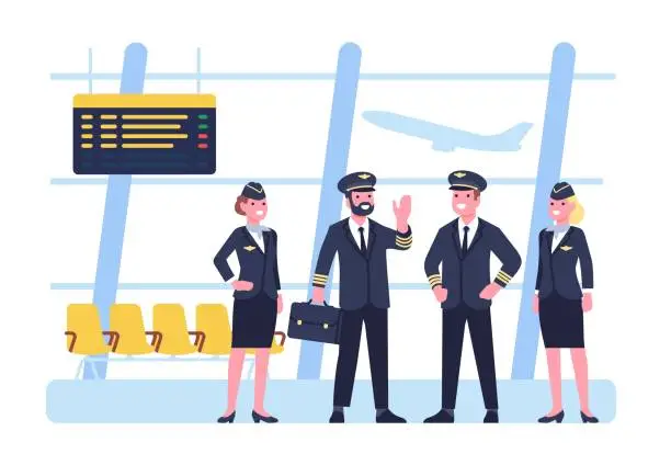 Vector illustration of Crew pilots and stewardesses stand in airport building. Airplane captain and attendants in waiting hall. Airline staff. Professional employees. Men or women in uniform. Vector concept