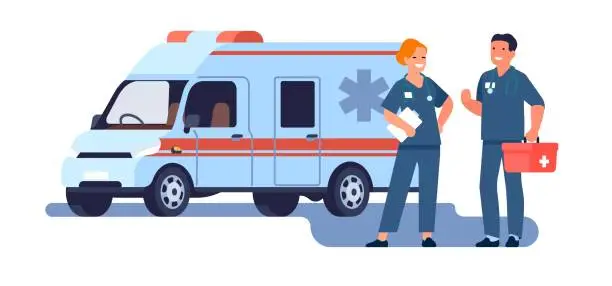 Vector illustration of Ambulance doctors with car and medical kit. Paramedic man and woman in uniform. Hospital rescue vehicle. Health care and medicine. Physician and nurse. Automobile minivan. Vector concept