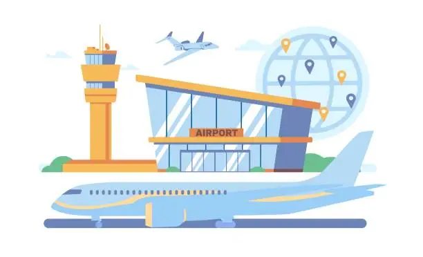 Vector illustration of International airport building and runway with airplane. Travel by plane. Air transportation. Departure terminal architecture. Passengers aviation. Map location pins. Vector concept