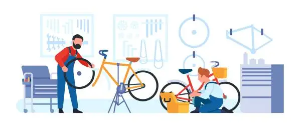 Vector illustration of Bicycle repair shop. Bike workshop. Cycle maintenance. Men change wheel tires and chains. Repairman work in garage. Professional service. Serviceman with wrench and toolkit. Vector concept