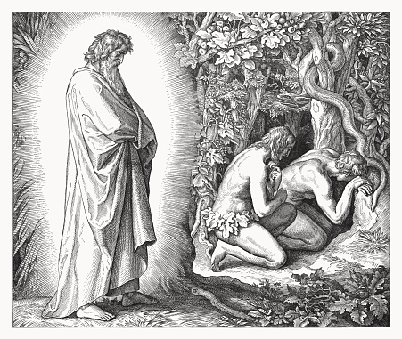 The Fall of Man (Genesis 3, 8). Wood engraving by Julius Schnorr von Carolsfeld (German painter, 1794 - 1872), published in 1860.