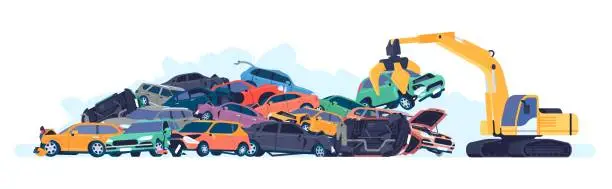 Vector illustration of Car dump with metal piles of old or broken machines. Steel crane lifting automobile. Auto scrap. Damaged vehicles junkyard. Transport recycling. Landfill garbage heap. Vector concept