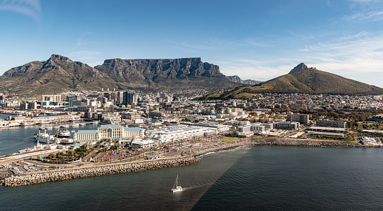 Beach and Twelve Apostles mountain in Camps Bay near Cape Town in South Africa.