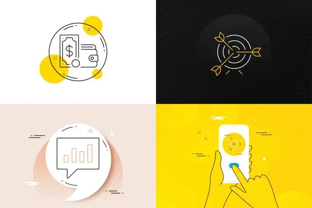 Vector illustration of Minimal set of Wind energy, Wallet money and Analytical chat line icons. For web development. Vector