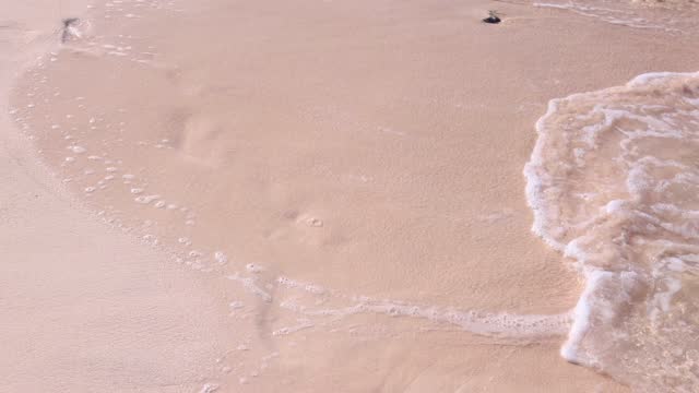 Gentle wave washed away the footprints on the pink sand beach.