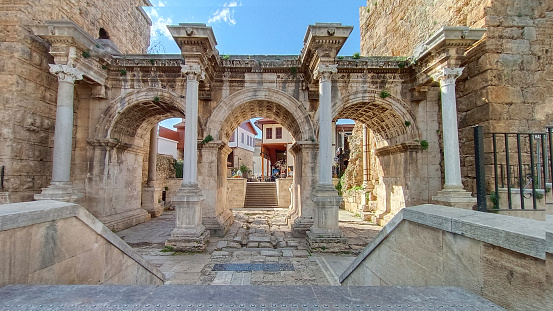 Anciant gate of Roman emperor Adrian in Antalya, Turkey. The Emperor Hadrian's gate