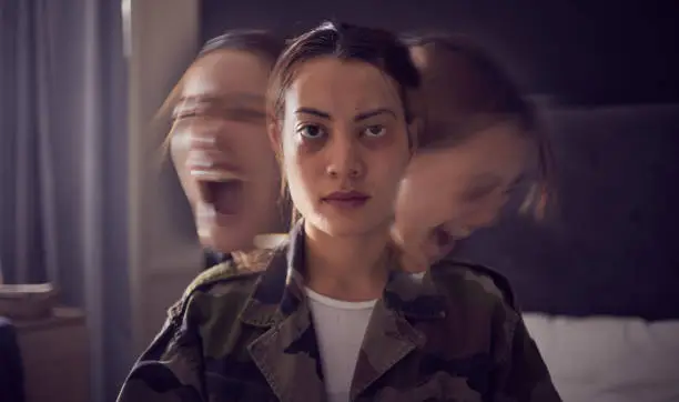 Bipolar, schizophrenia and military woman with PTSD, war stress and tired from mental health problem. Anxiety, screaming and portrait of a soldier with insomnia, trauma and angry from battle in home