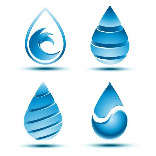 Vector illustration of collection of abstract blue water drop logo design with shadow on white background.