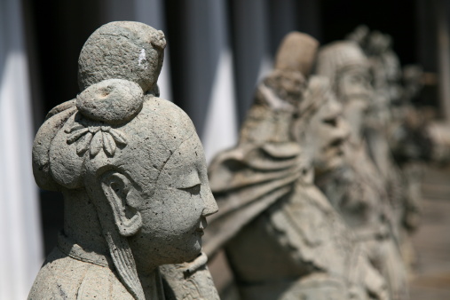 Sculpture of the Chinese historical tale of The Three Kingdoms at Wat Arun Bangkok Thailand.