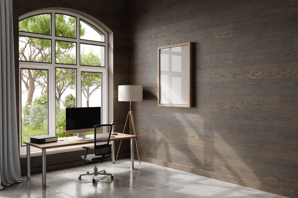 istock comfortable workplace with pc standing on wooden desk in office at home; bright sunlight shines from side through large window; wall; with canvas copy space;  remote work freelance concept; 3D Illustration 1470017668