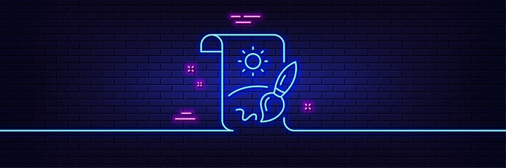 Neon light glow effect. Creative painting brush line icon. Creativity sign. Graphic art symbol. 3d line neon glow icon. Brick wall banner. Creative painting outline. Vector