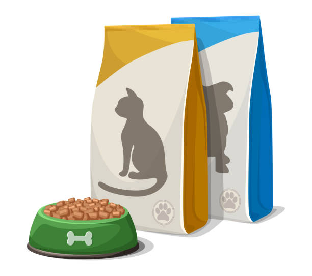 miska na karmę dla psów lub kotów w stylu kreskówki i paczki z karmą. izolowany na białym tle. - dog domestic cat pets cartoon stock illustrations