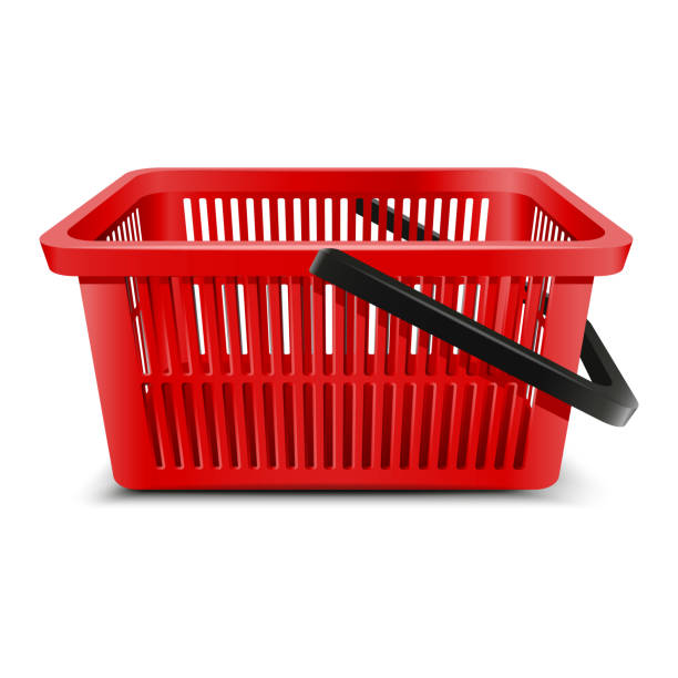 istock 3d realistic vector supermarket food cart plastic red empty basket with handle. Isolated on white background. 1470018730