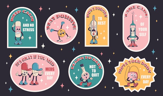 Collection set of stickers about self care, set of funny vintage characters. Happy and cheerful emotions. Old animation 60s 70s, funny cartoon characters. Trendy illustration in retro