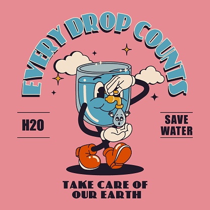 Motivational eco green life print design template with walking cartoon save water cute groove character and lettering composition for t-shirt print or poster. Vector illustration