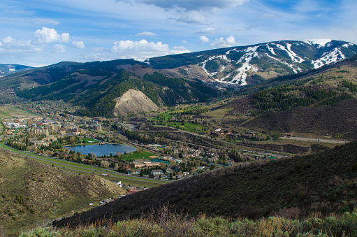 View of Avon in a valley, Nottingham Park and Beaver Creak, CO, USA.