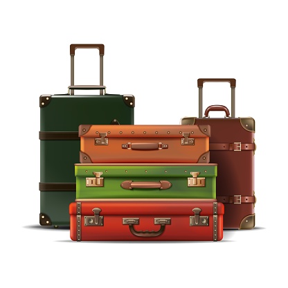 3d realistic vector collection of different sizes travel luggage, retro old style in leather. Isolated on white background.
